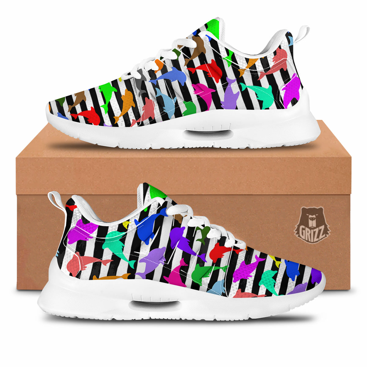 Striped And Colorful Dolphin Print Pattern Tennis Shoes-grizzshop