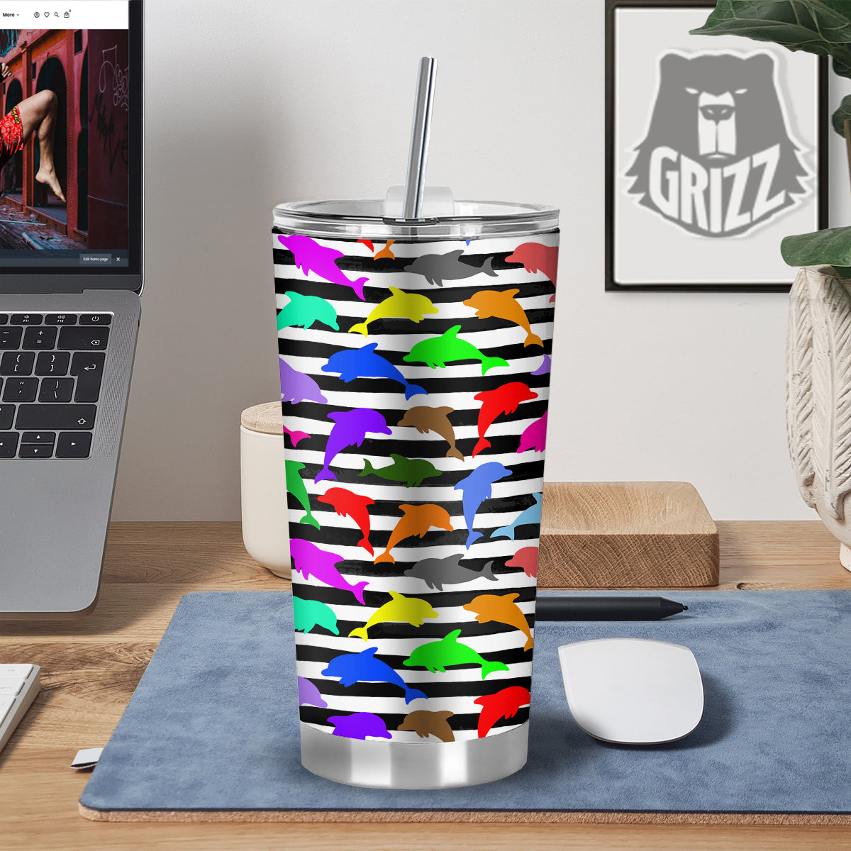 Striped And Colorful Dolphin Print Pattern Tumbler-grizzshop