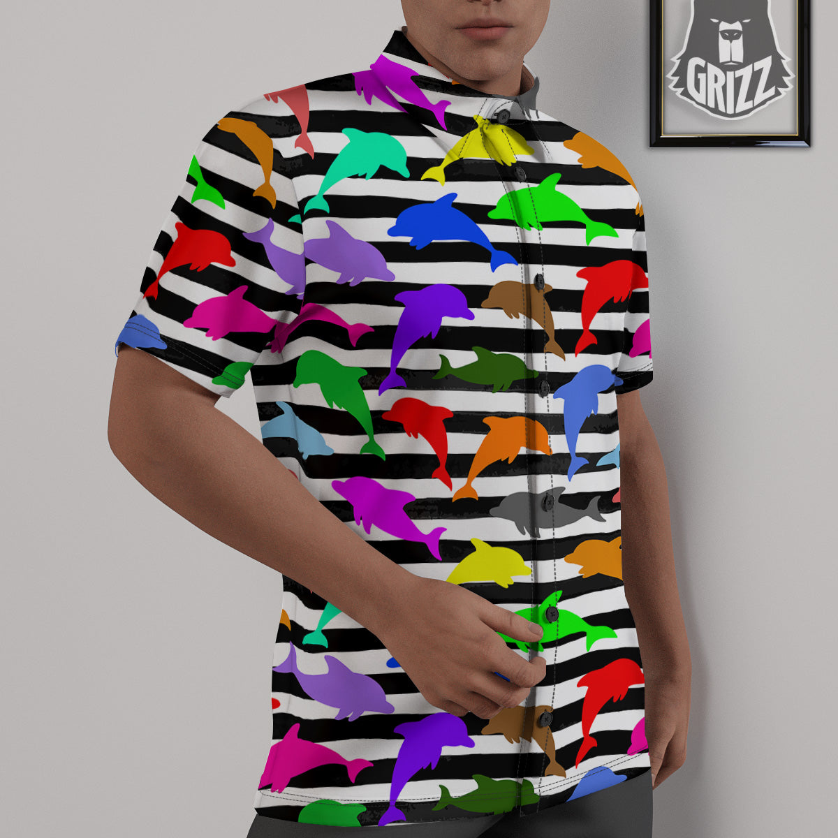 Striped And Colorful Dolphin Print Pattern Untucked Shirts-grizzshop