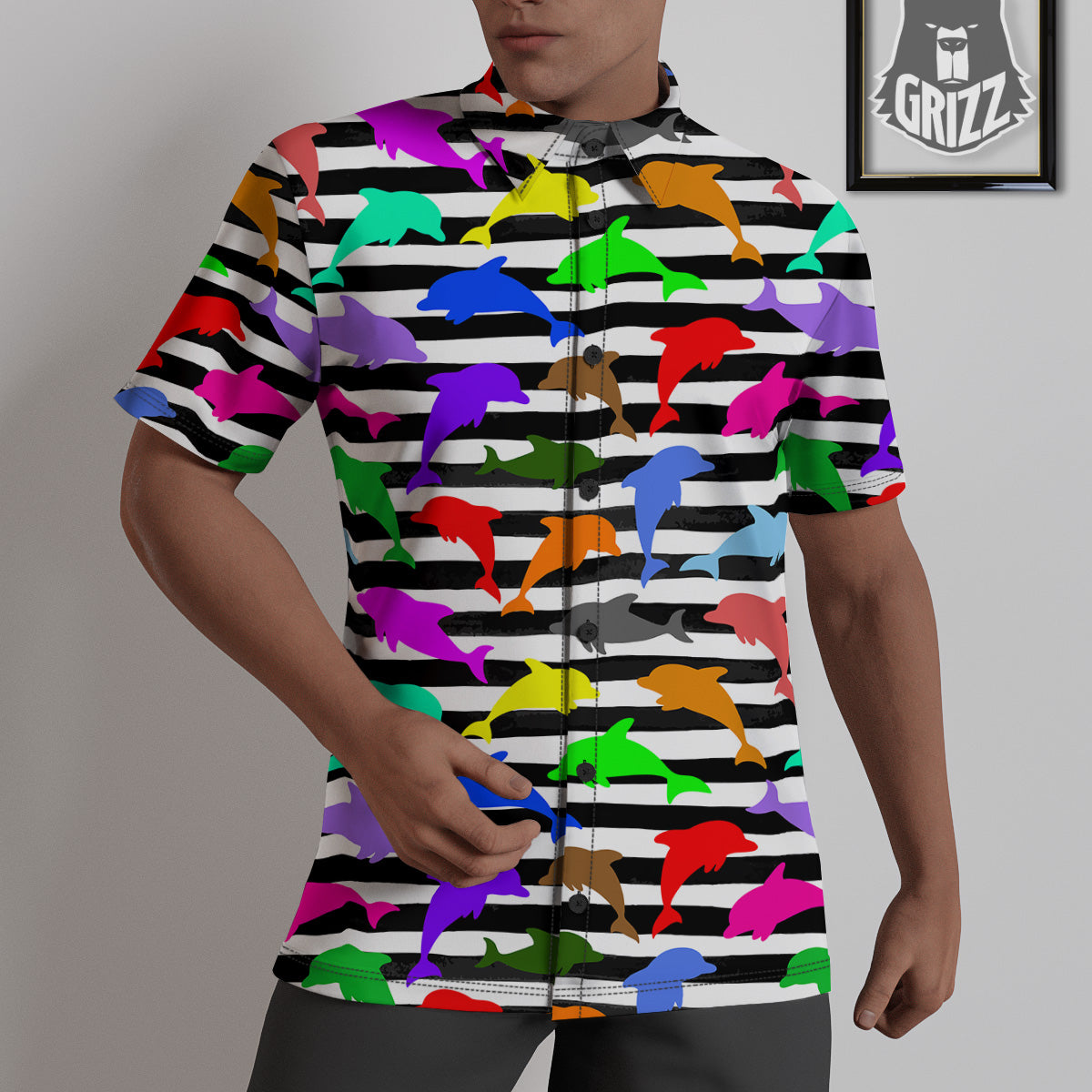 Striped And Colorful Dolphin Print Pattern Untucked Shirts-grizzshop