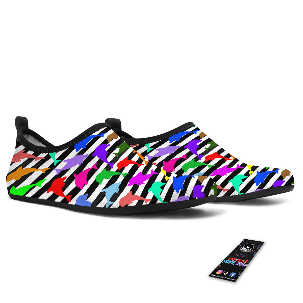Striped And Colorful Dolphin Print Pattern Water Shoes-grizzshop