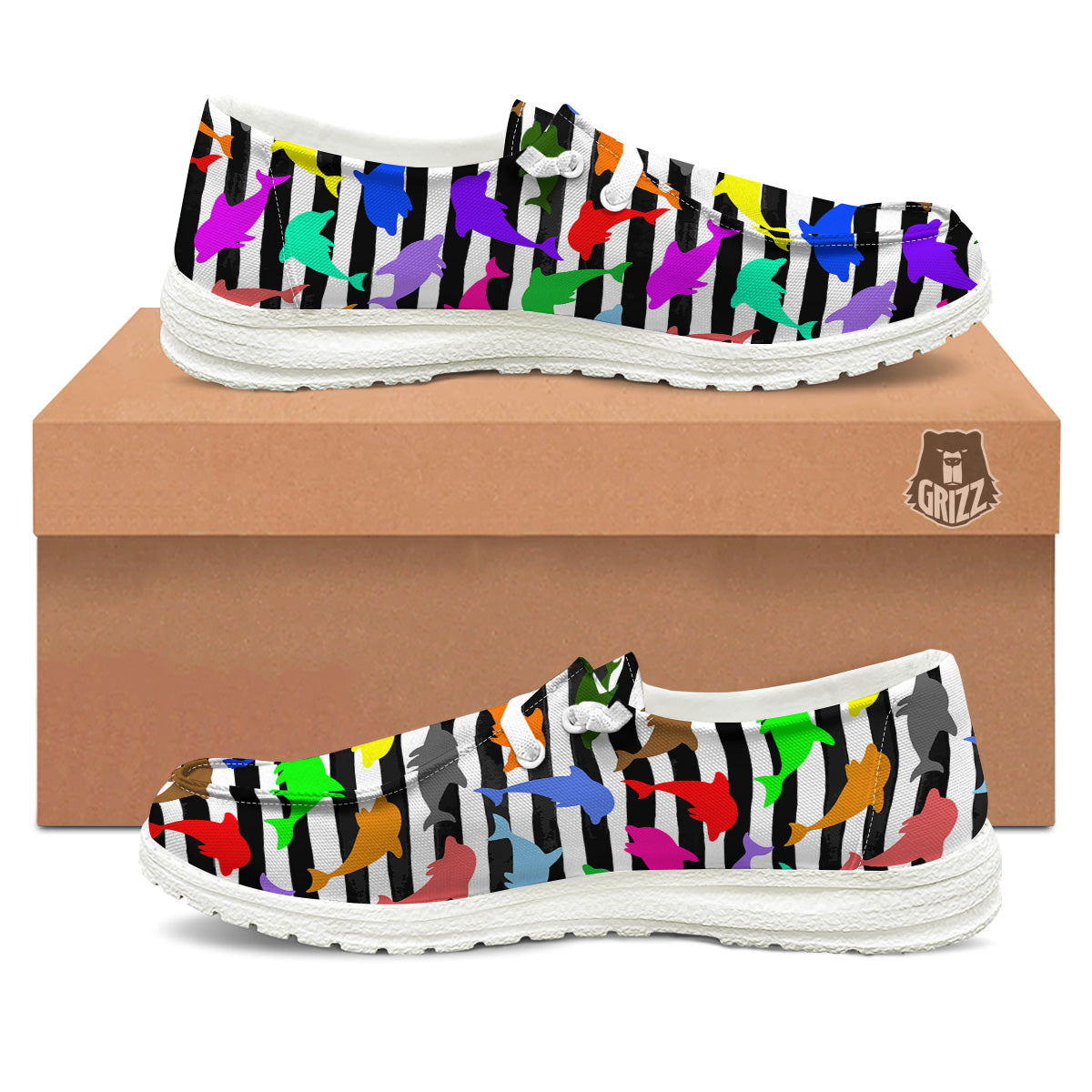 Striped And Colorful Dolphin Print Pattern White Loafers-grizzshop
