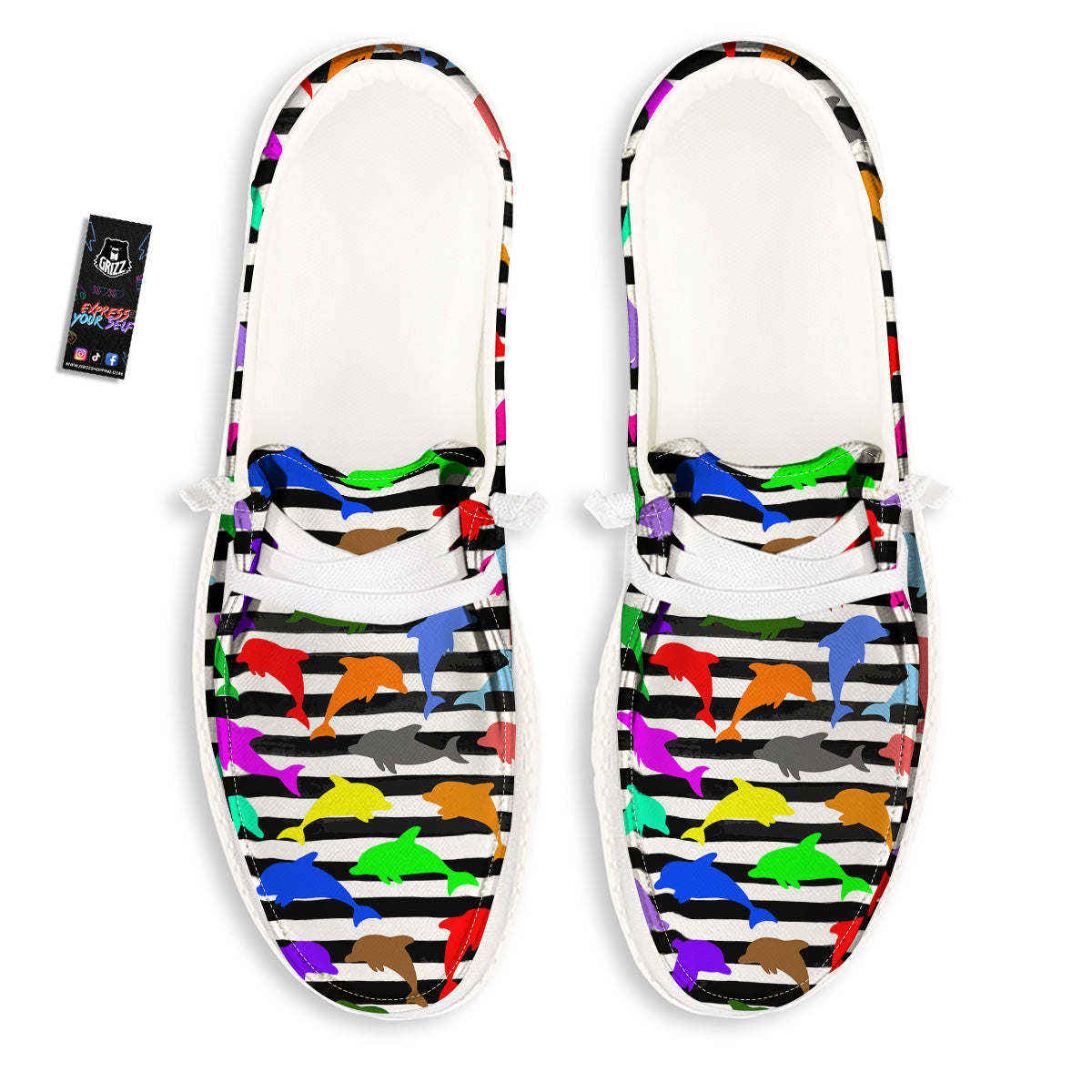 Striped And Colorful Dolphin Print Pattern White Loafers-grizzshop