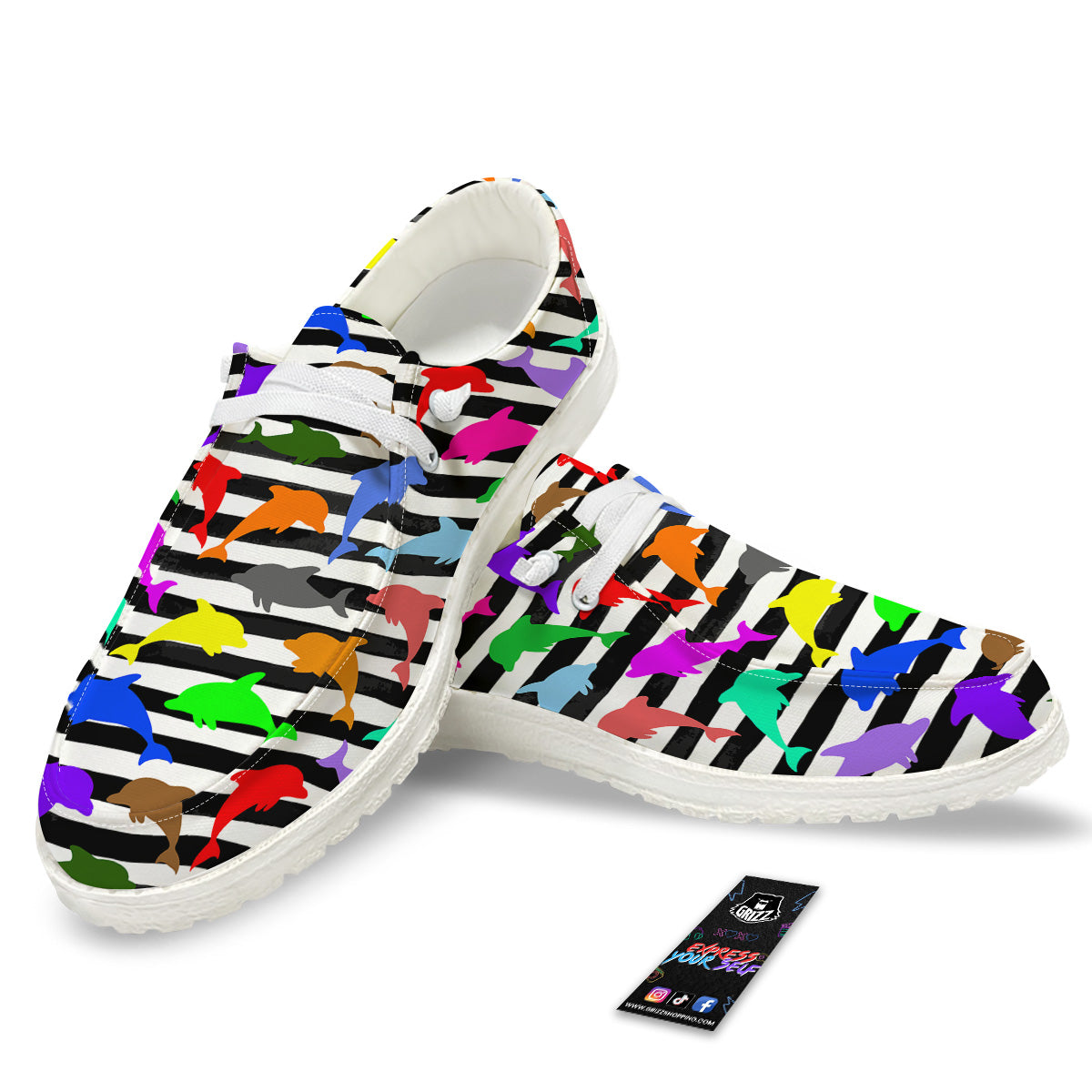 Striped And Colorful Dolphin Print Pattern White Loafers-grizzshop