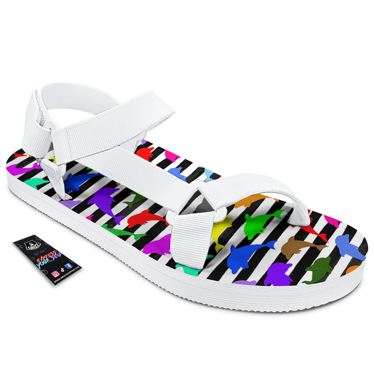 Striped And Colorful Dolphin Print Pattern White Open Toe Sandals-grizzshop