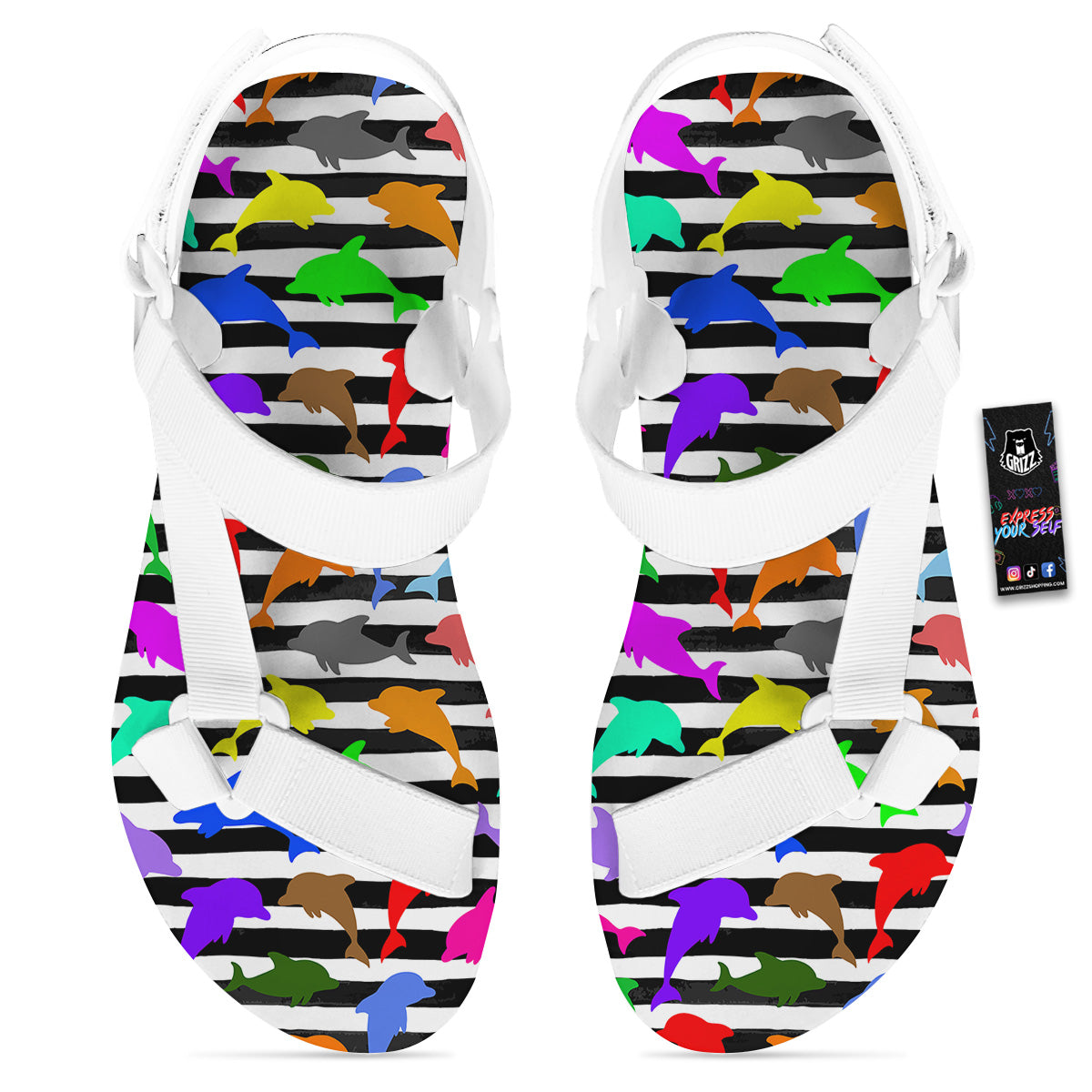 Striped And Colorful Dolphin Print Pattern White Open Toe Sandals-grizzshop