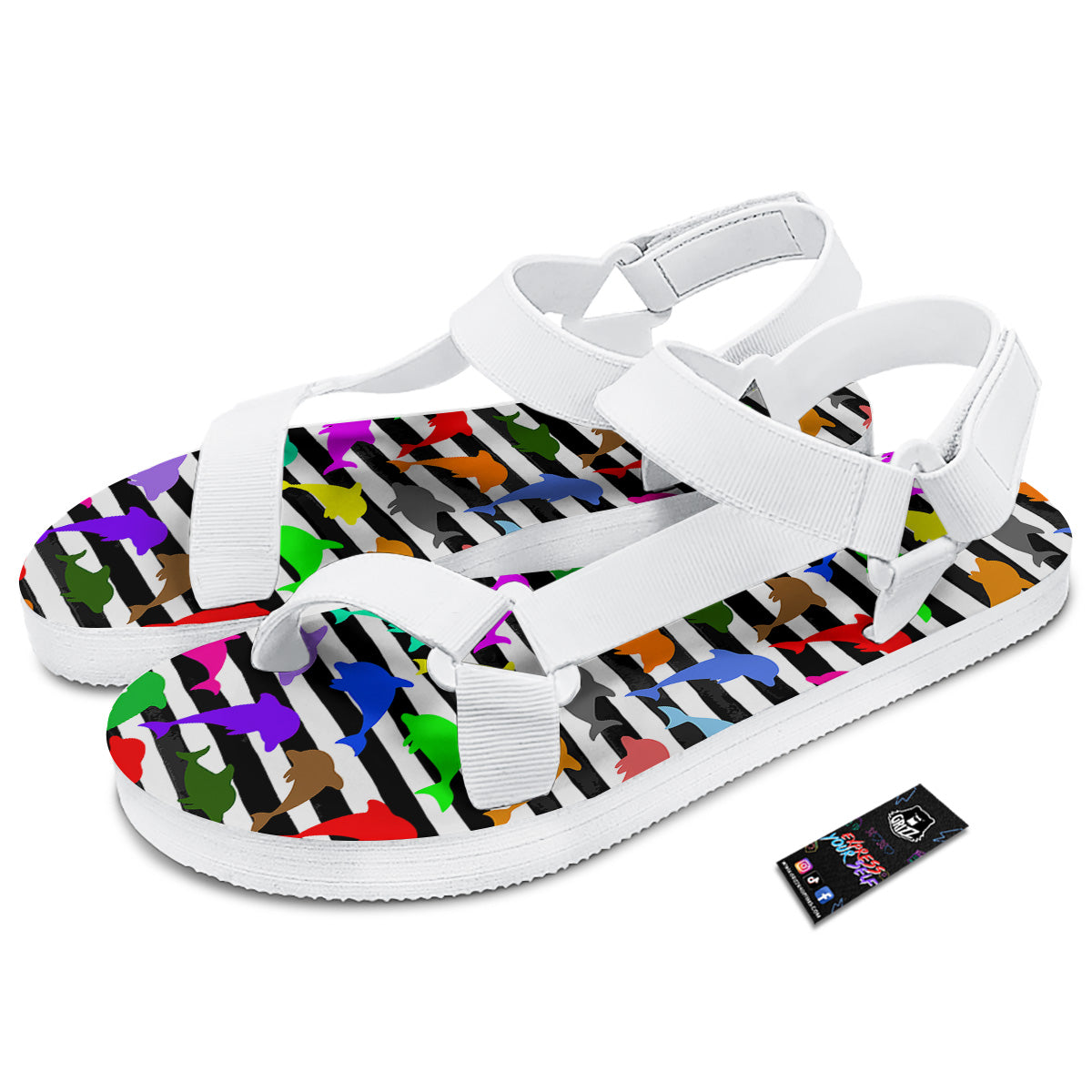 Striped And Colorful Dolphin Print Pattern White Open Toe Sandals-grizzshop