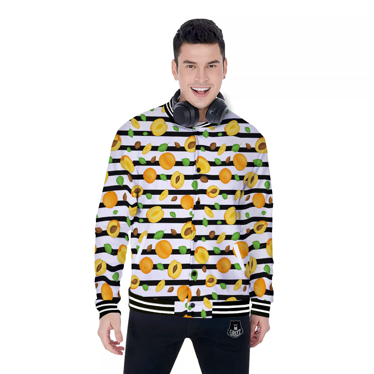 Striped Apricot Print Pattern Baseball Jacket-grizzshop