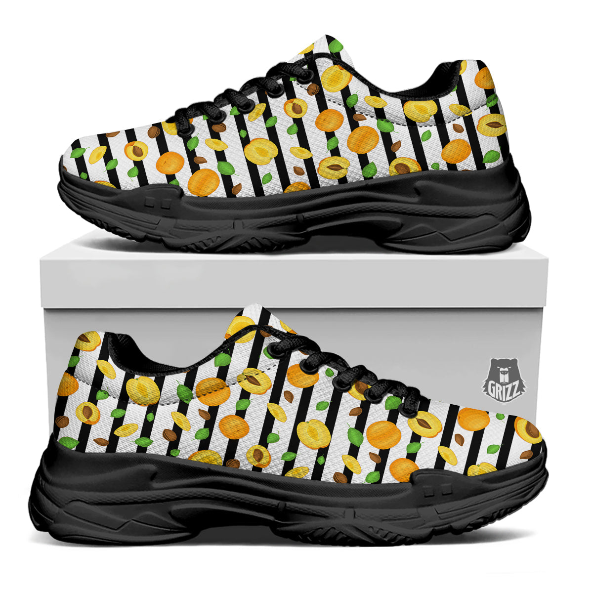 Striped Apricot Print Pattern Black Chunky Shoes-grizzshop