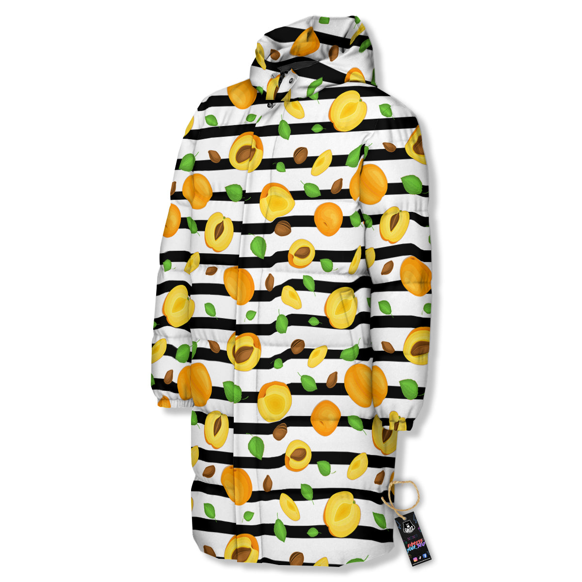 Striped Apricot Print Pattern Long Down Jacket-grizzshop