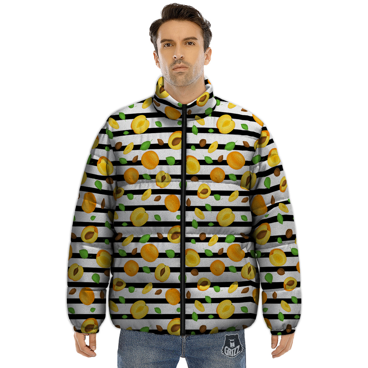Striped Apricot Print Pattern Puffer Jacket-grizzshop