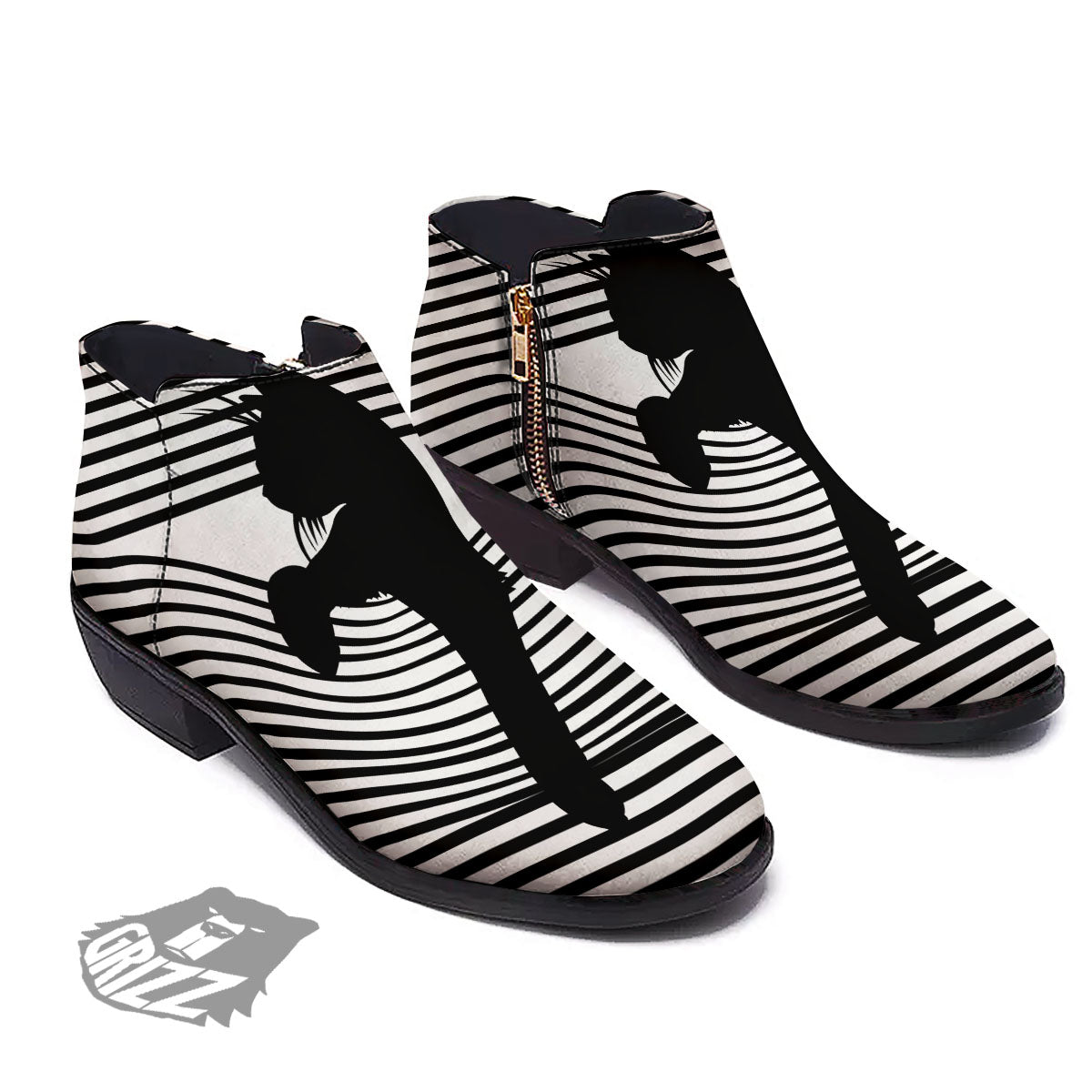 Striped Black Cat Print Ankle Boots-grizzshop