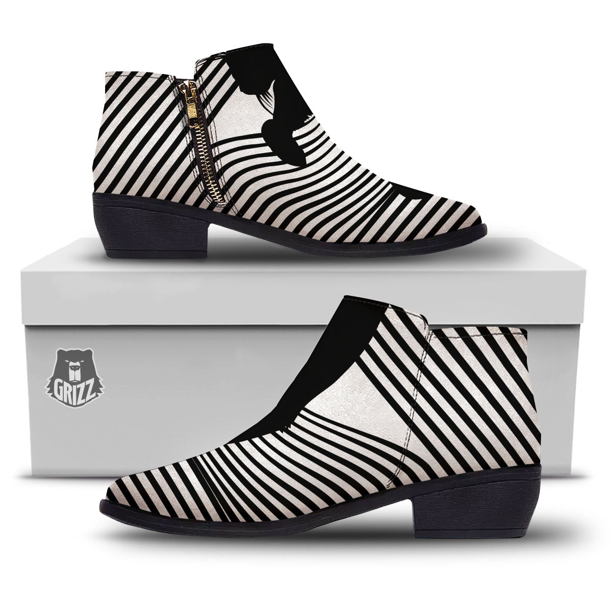 Striped Black Cat Print Ankle Boots-grizzshop