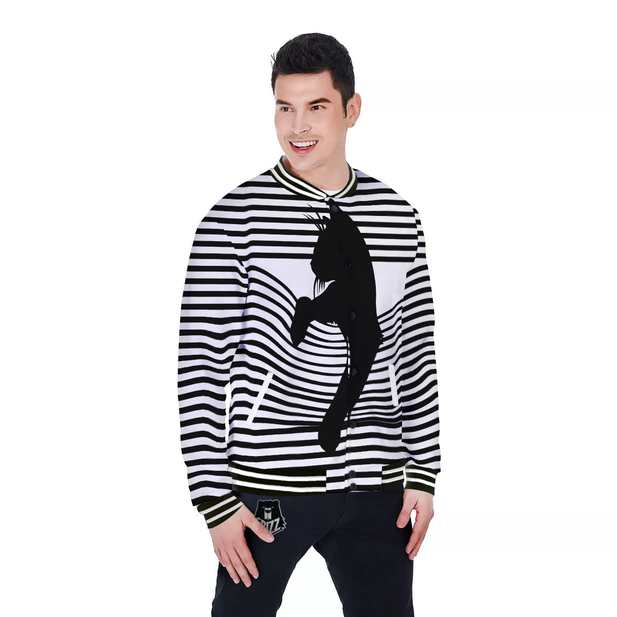 Striped Black Cat Print Baseball Jacket-grizzshop