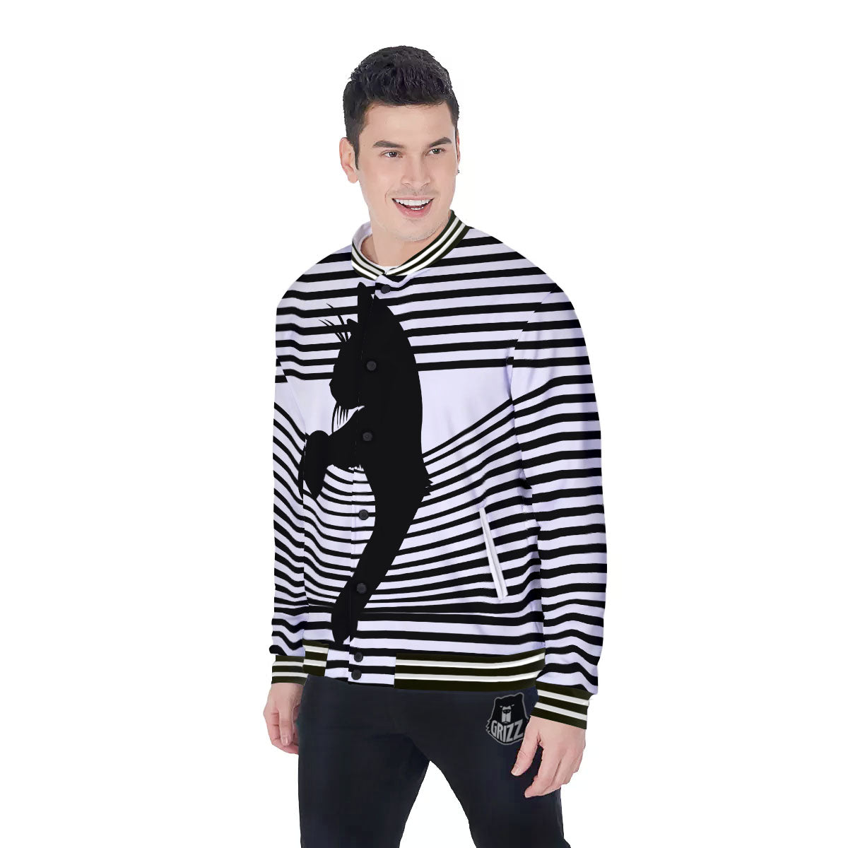 Striped Black Cat Print Baseball Jacket-grizzshop