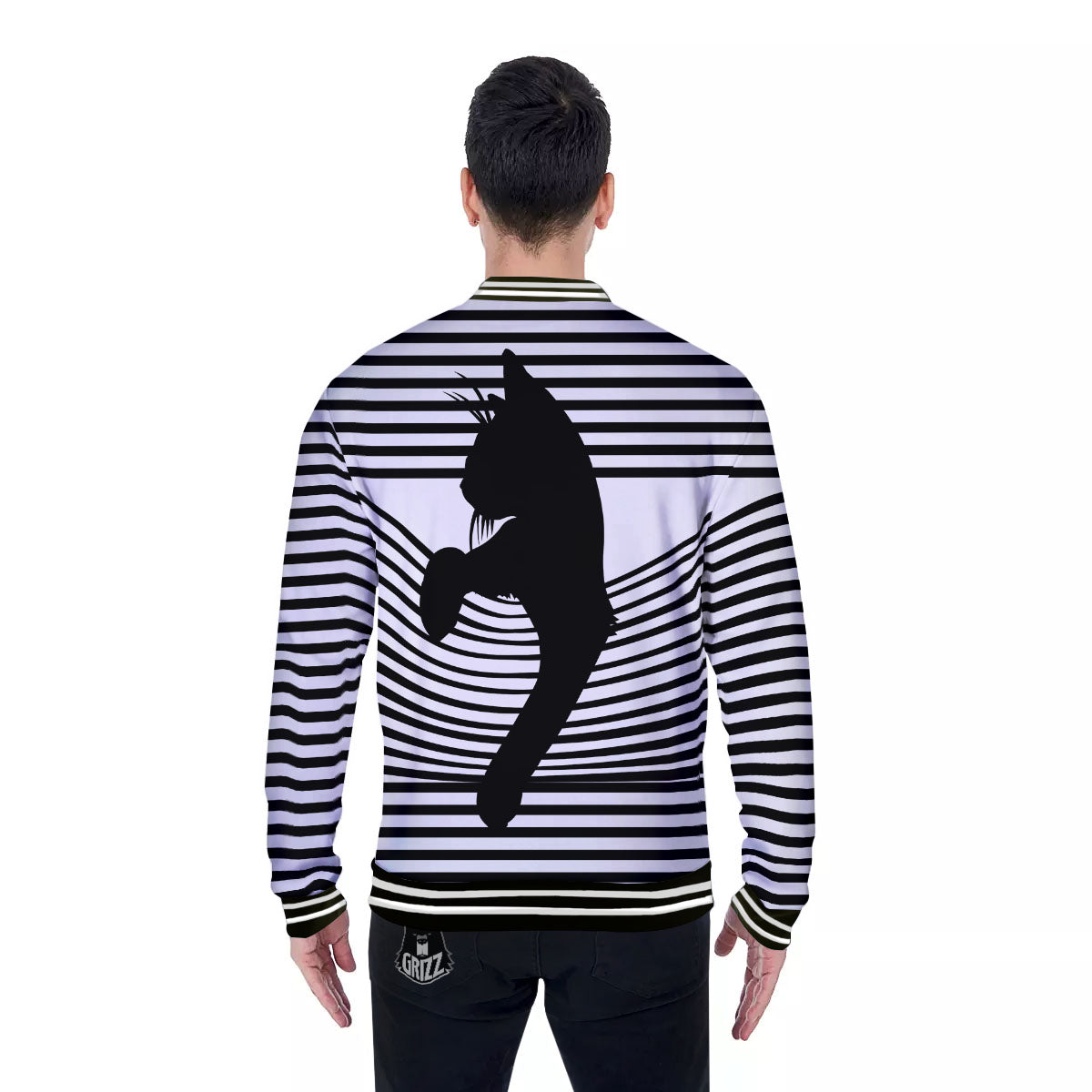 Striped Black Cat Print Baseball Jacket-grizzshop