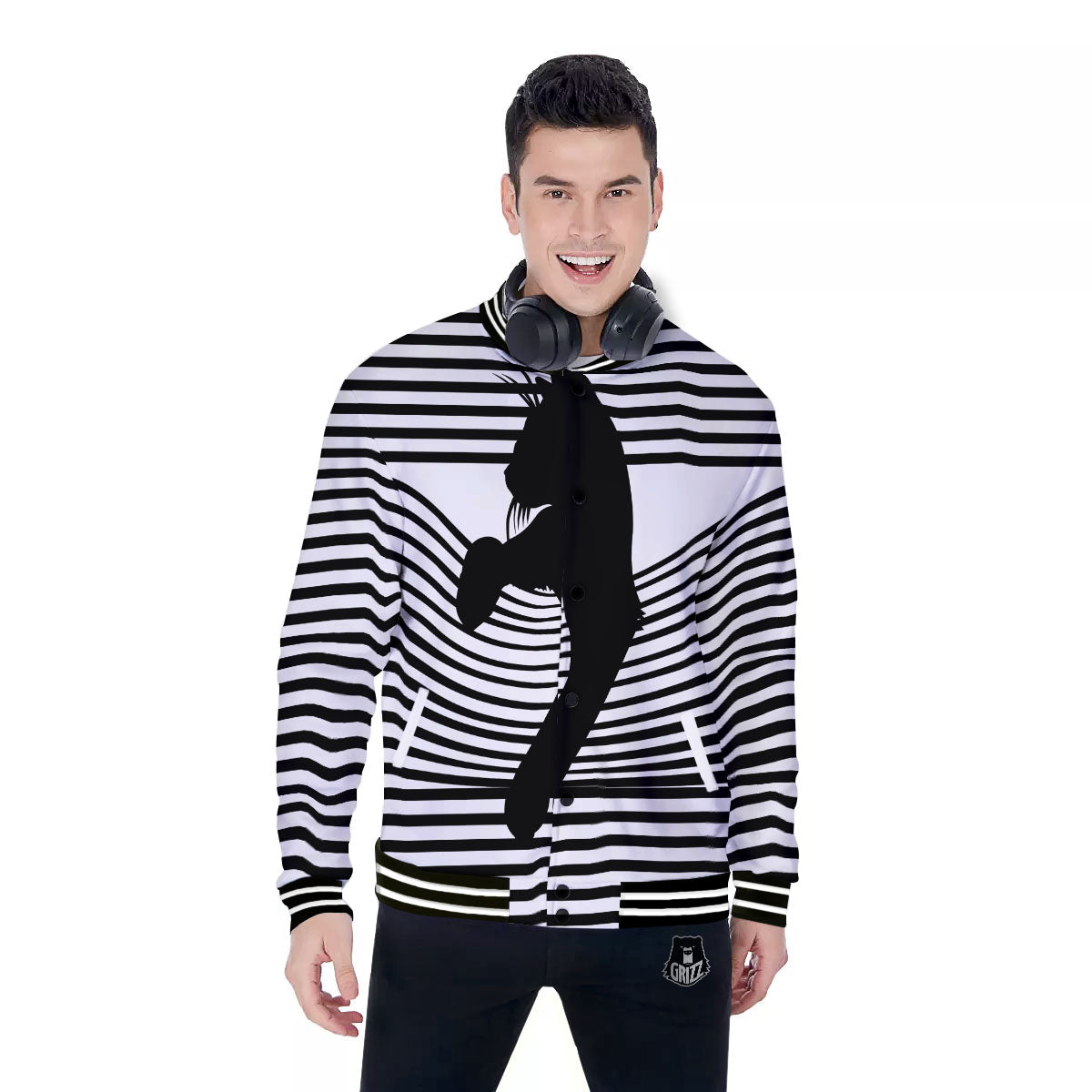 Striped Black Cat Print Baseball Jacket-grizzshop