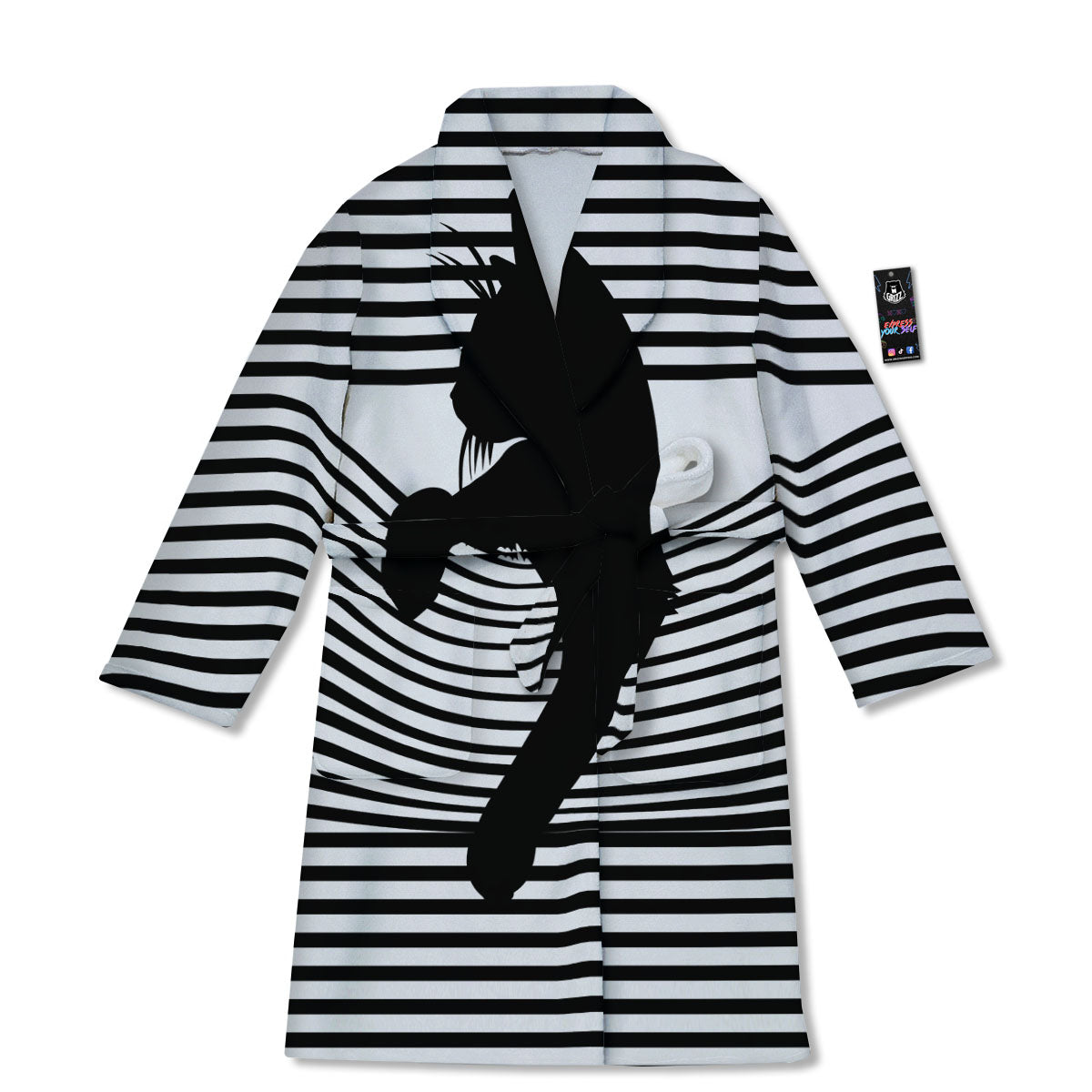 Striped Black Cat Print Bathrobe-grizzshop