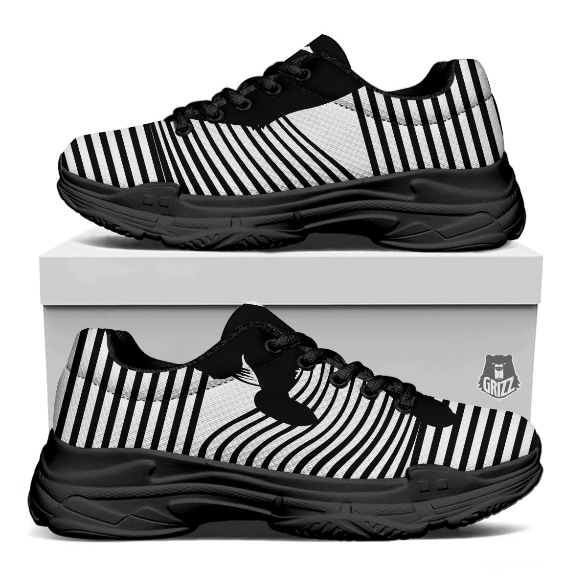 Striped Black Cat Print Black Chunky Shoes-grizzshop