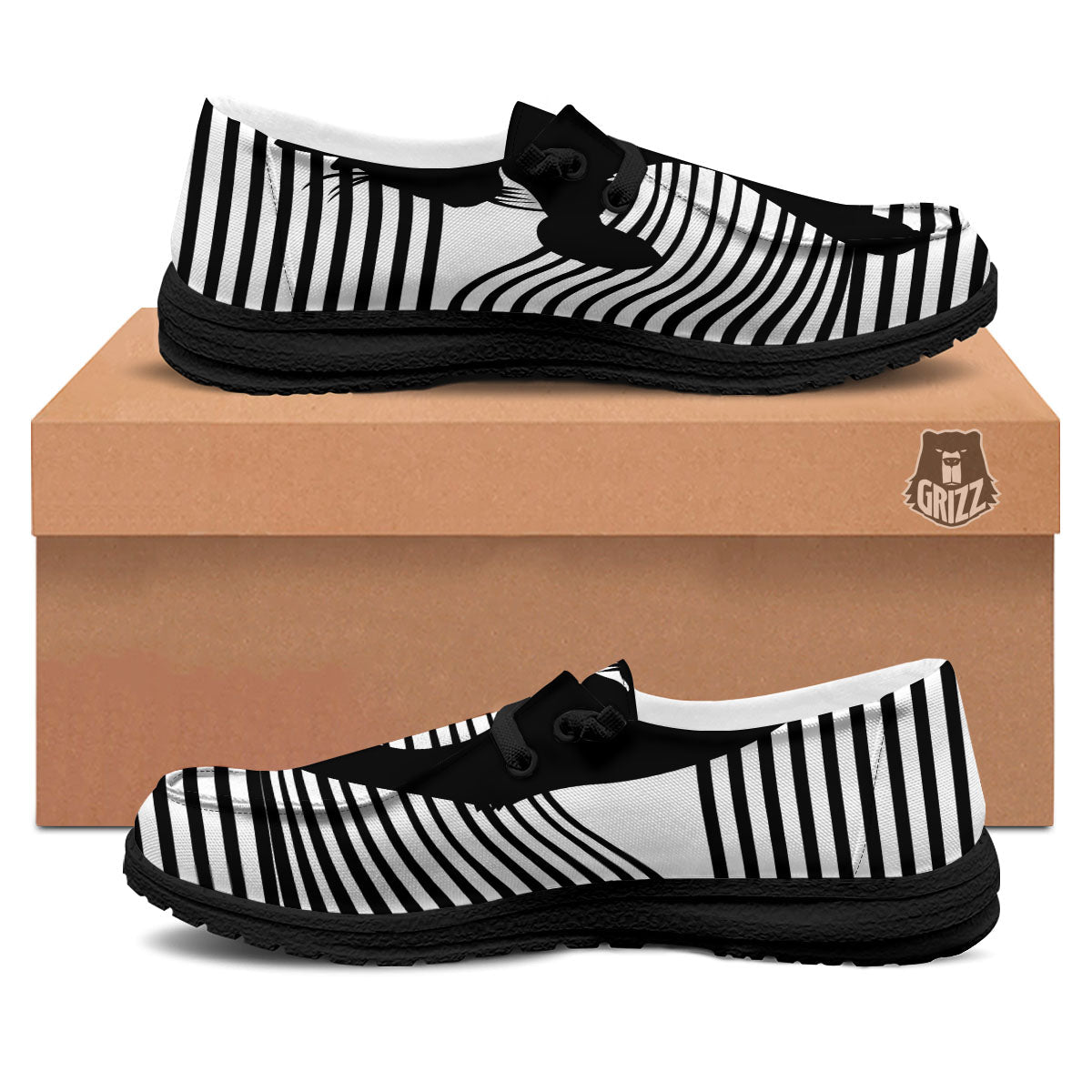 Striped Black Cat Print Black Loafers-grizzshop