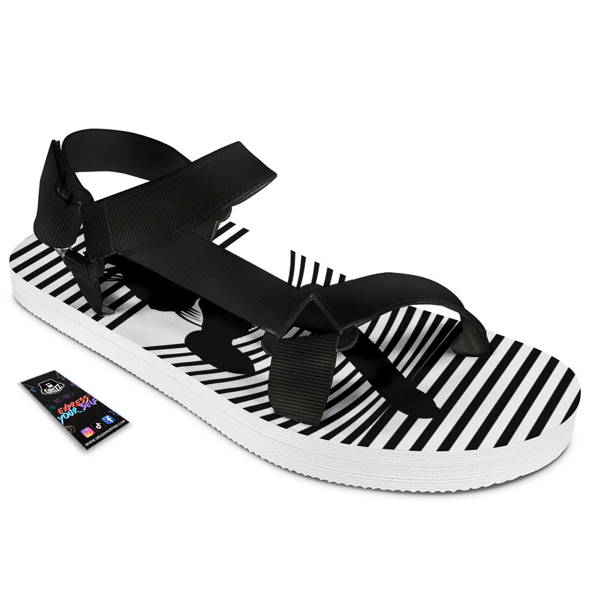 Striped Black Cat Print Black Open Toe Sandals-grizzshop