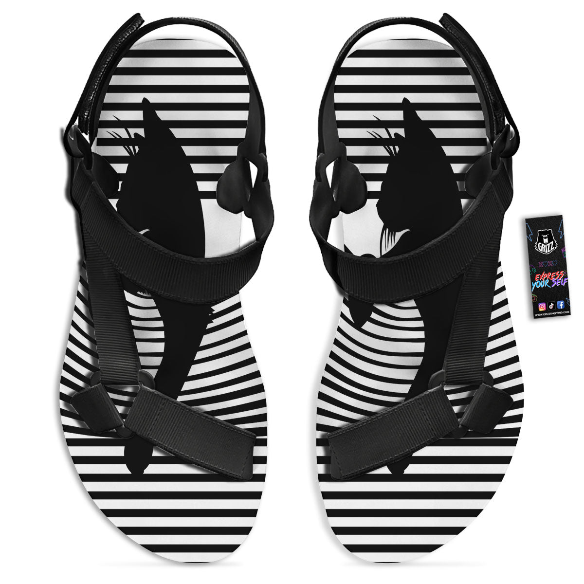 Striped Black Cat Print Black Open Toe Sandals-grizzshop