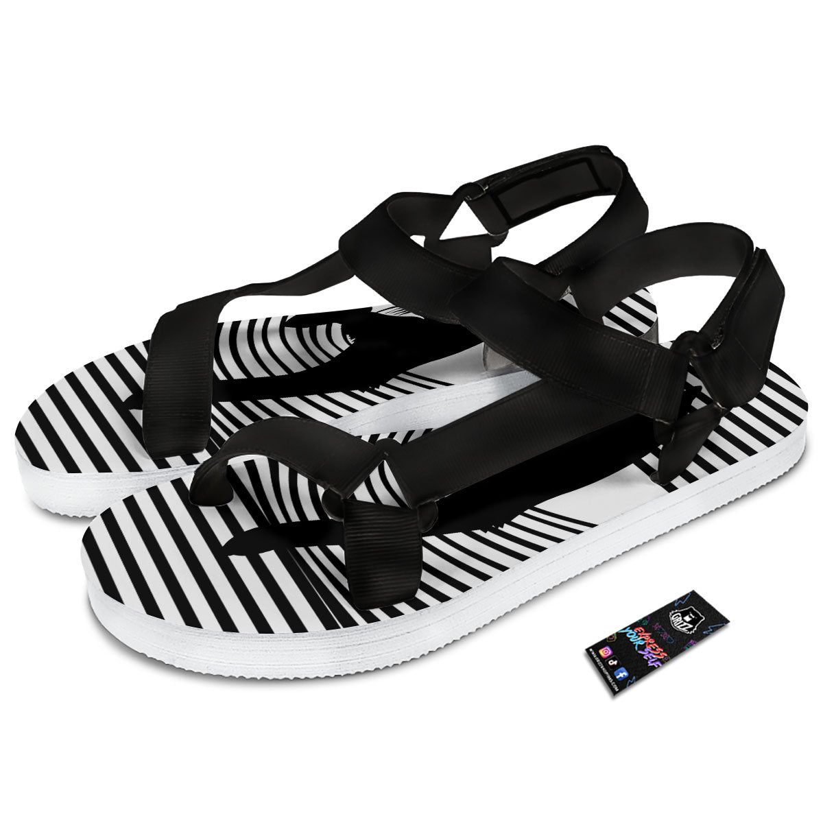 Striped Black Cat Print Black Open Toe Sandals-grizzshop