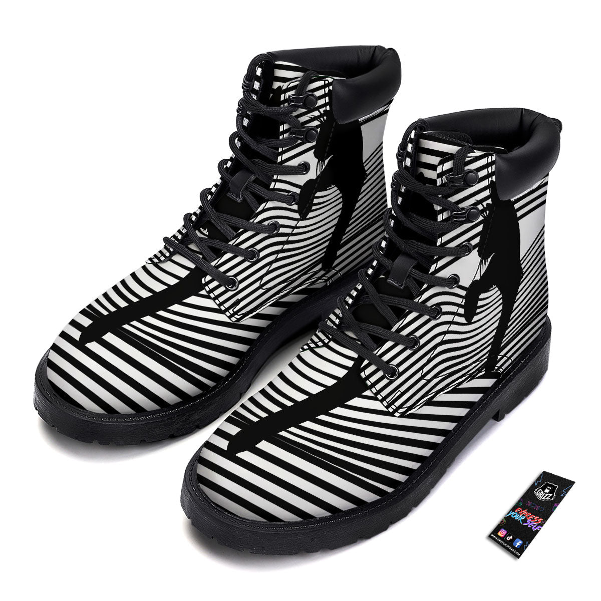 Striped Black Cat Print Boots-grizzshop