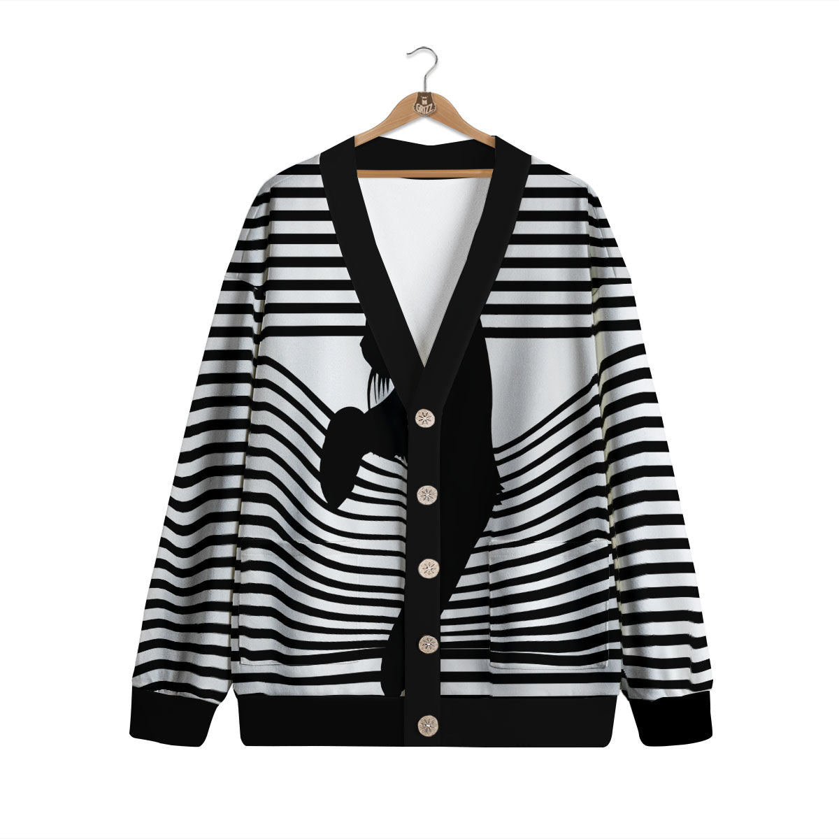 Striped Black Cat Print Cardigan-grizzshop