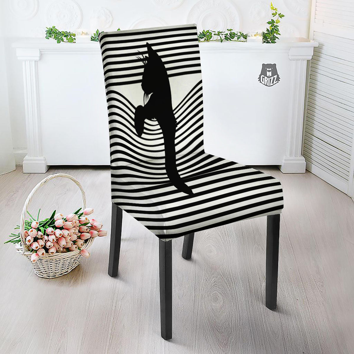 Striped Black Cat Print Dining Chair Slipcover-grizzshop
