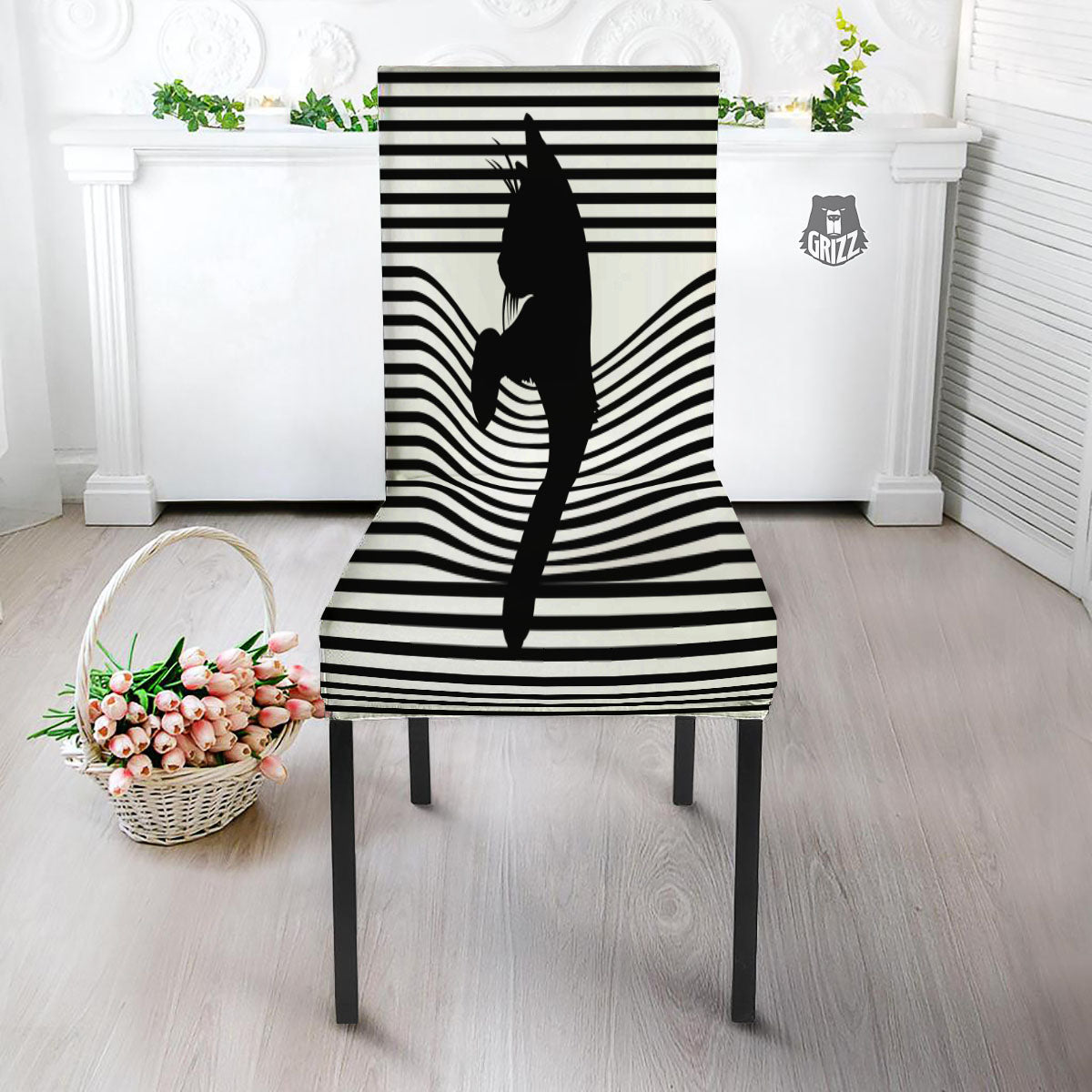 Striped Black Cat Print Dining Chair Slipcover-grizzshop