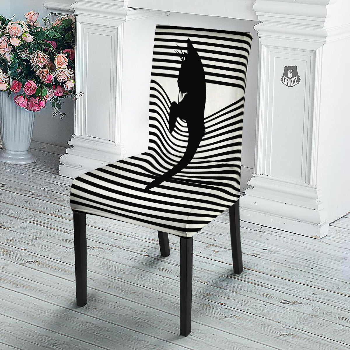 Striped Black Cat Print Dining Chair Slipcover-grizzshop