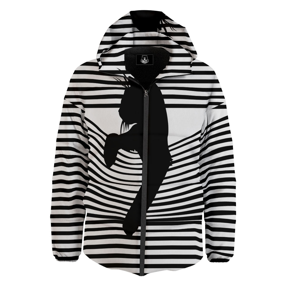 Striped Black Cat Print Down Jacket-grizzshop