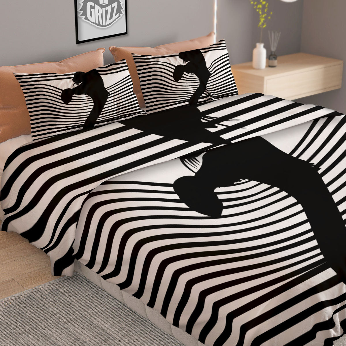 Striped Black Cat Print Duvet Cover Bedding Set