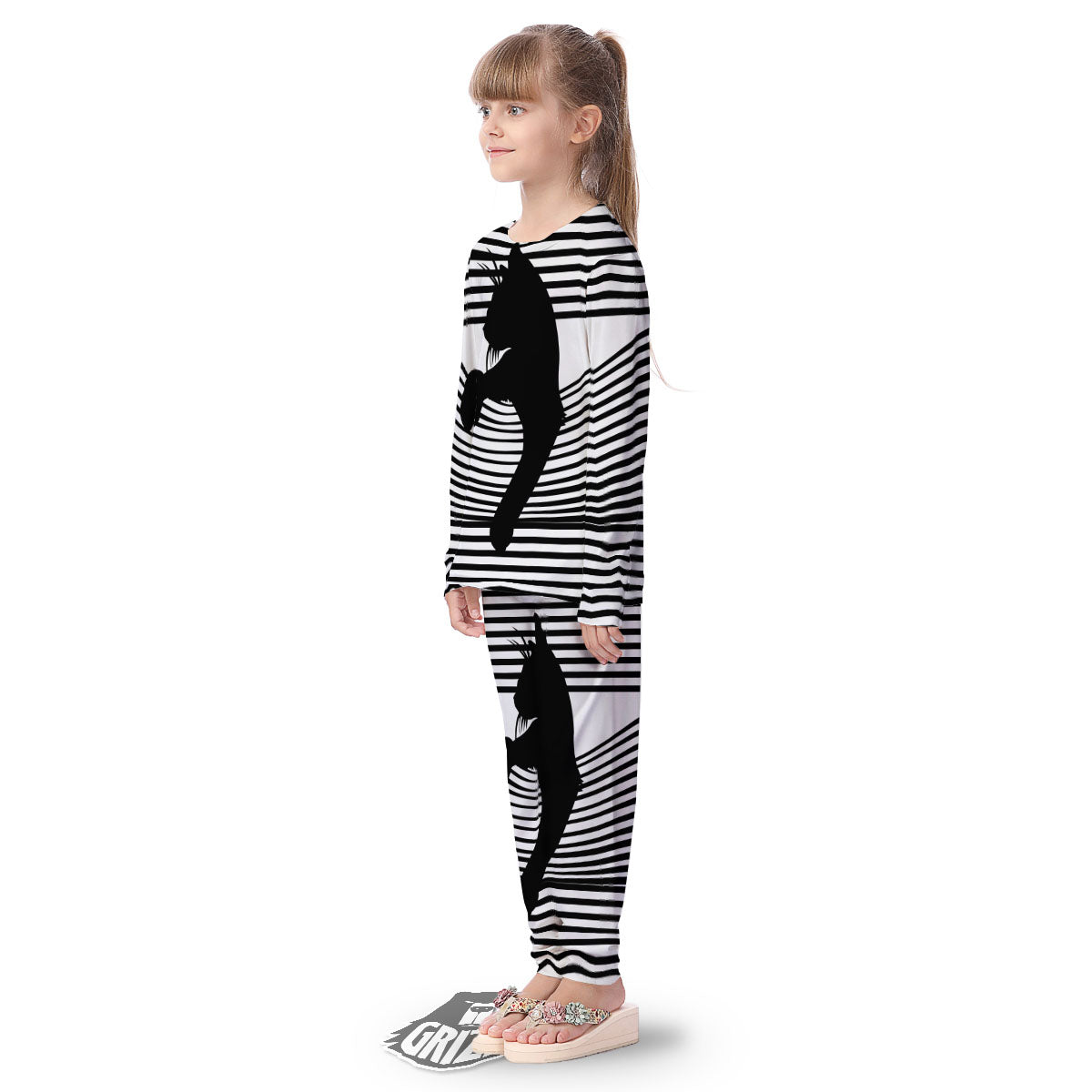 Striped Black Cat Print Kid's Pajamas-grizzshop