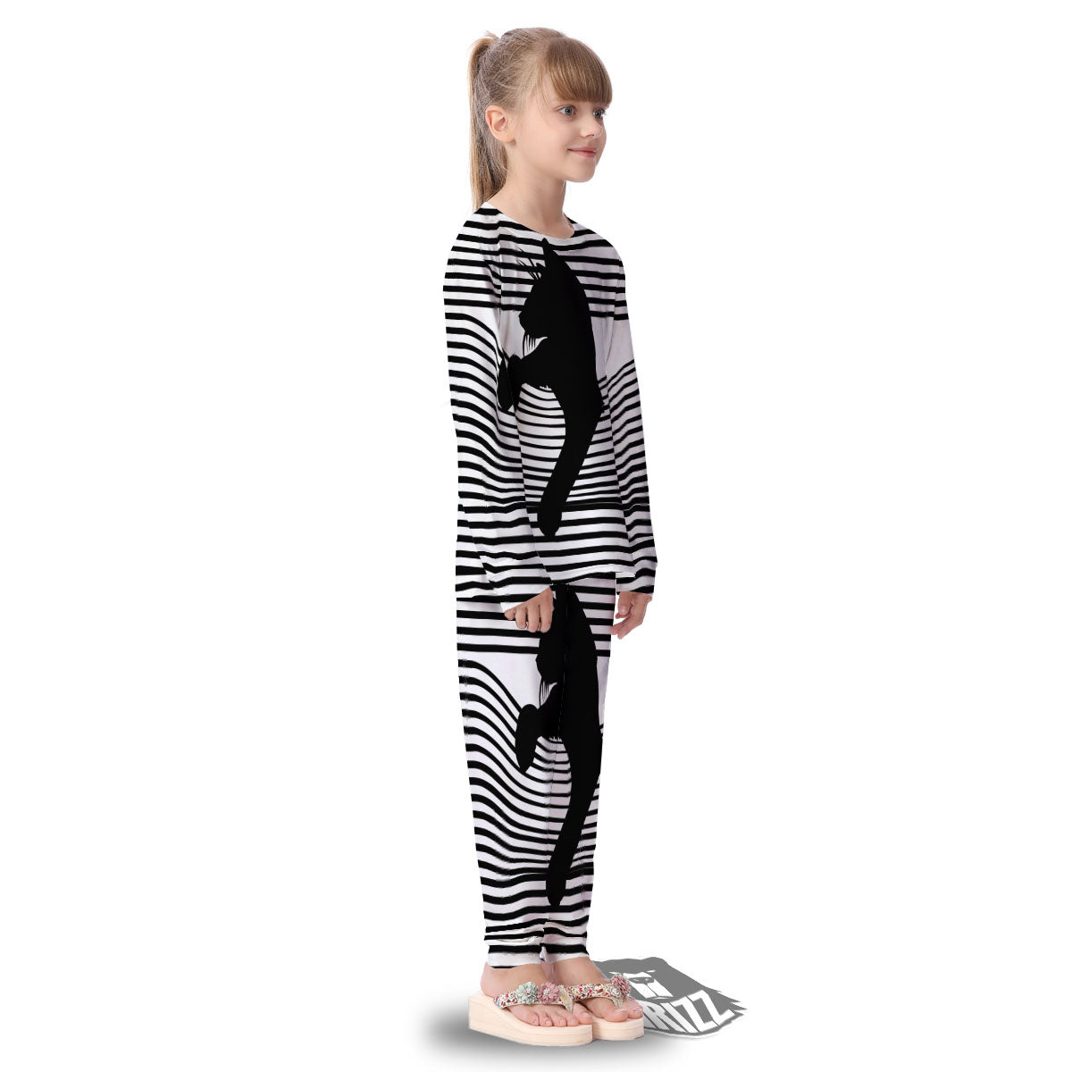 Striped Black Cat Print Kid's Pajamas-grizzshop