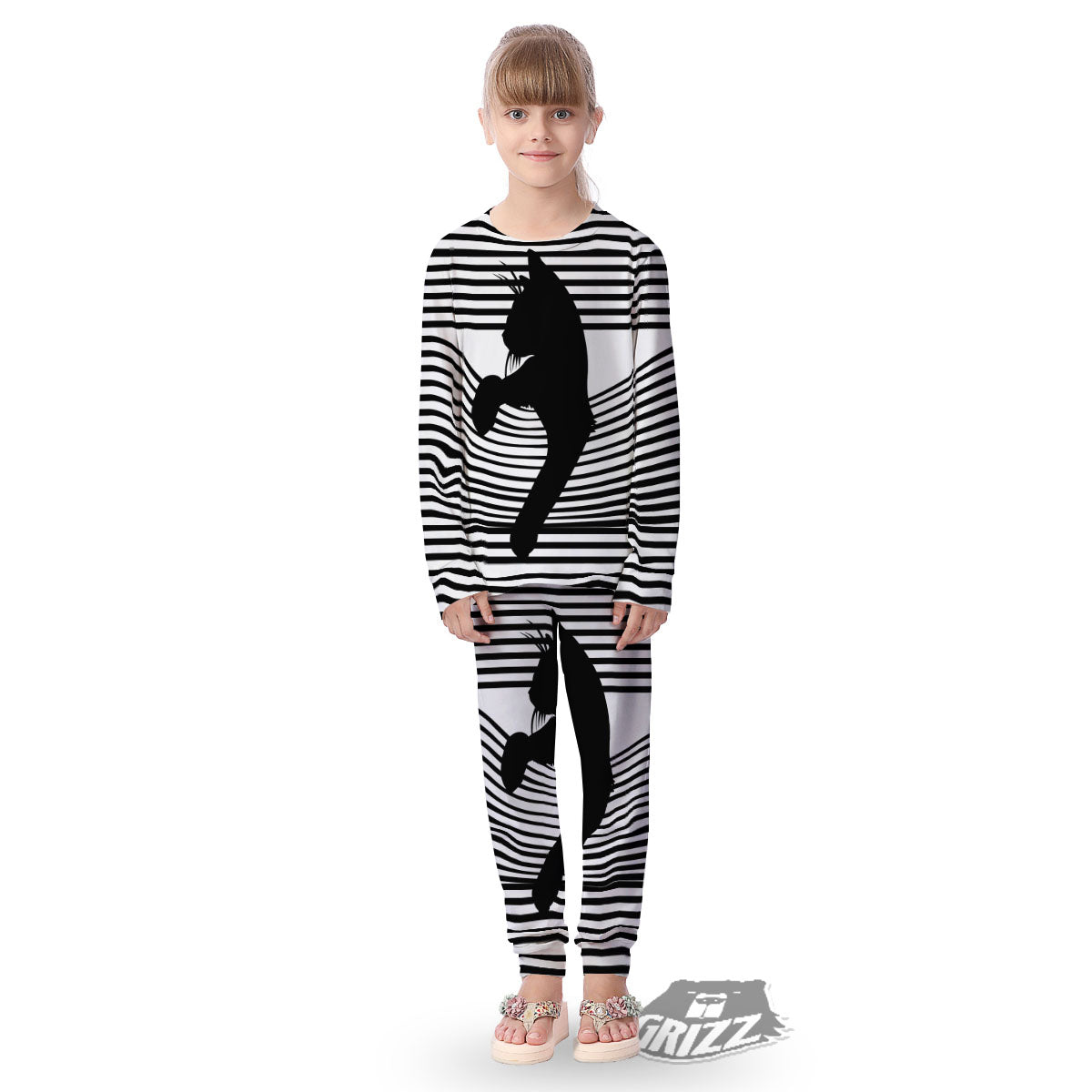 Striped Black Cat Print Kid's Pajamas-grizzshop