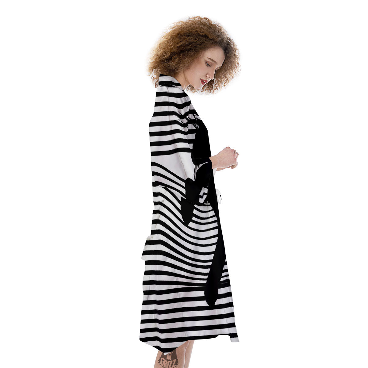 Striped Black Cat Print Kimono-grizzshop