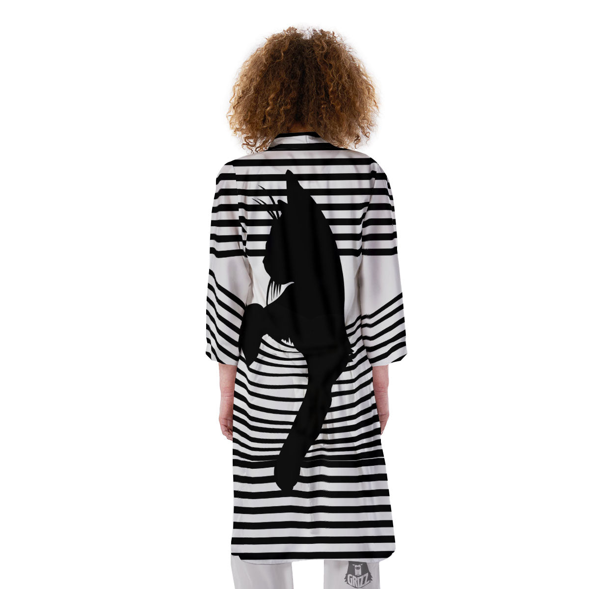 Striped Black Cat Print Kimono-grizzshop