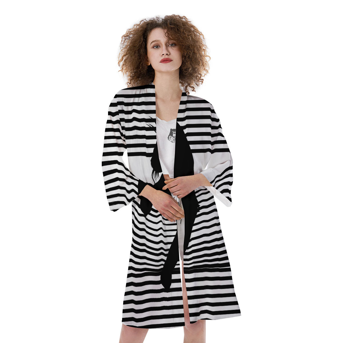 Striped Black Cat Print Kimono-grizzshop