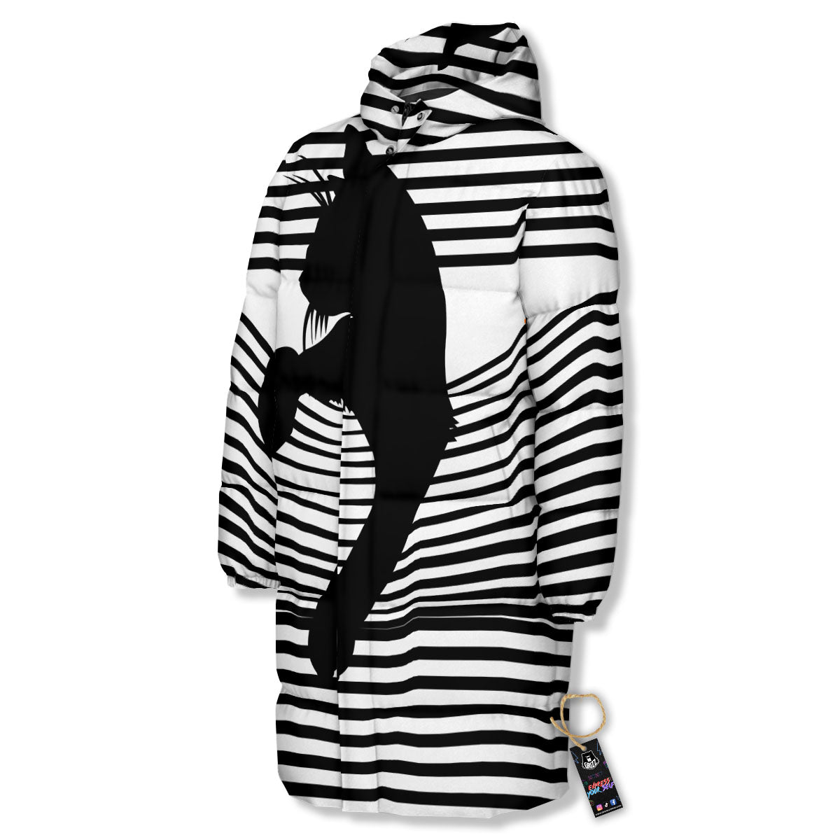 Striped Black Cat Print Long Down Jacket-grizzshop