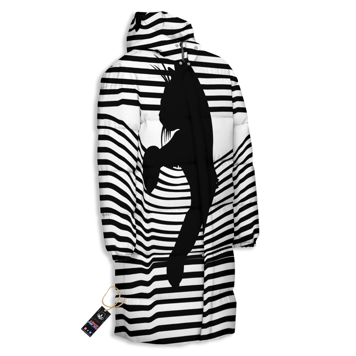 Striped Black Cat Print Long Down Jacket-grizzshop