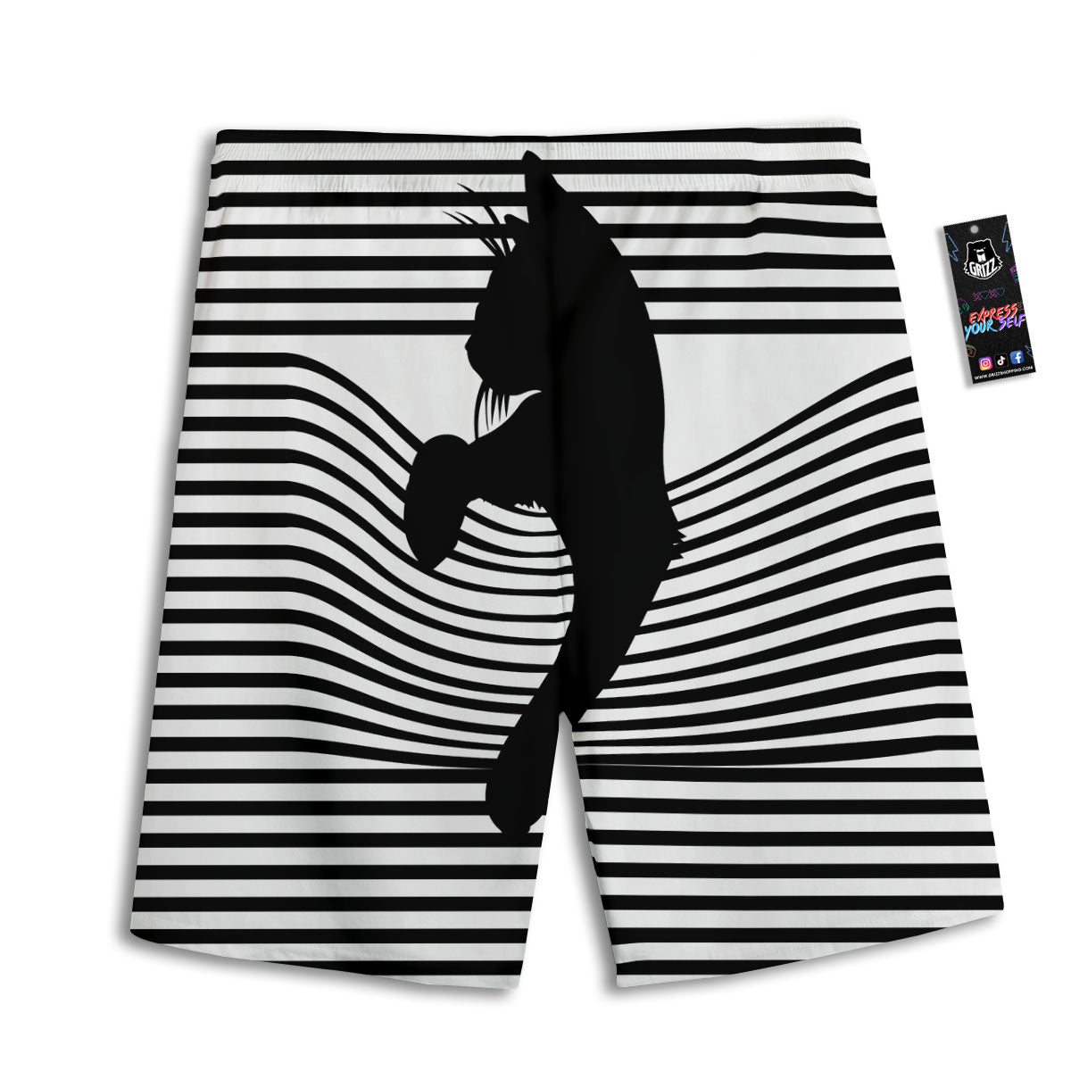 Striped Black Cat Print Men's Athletic Shorts
