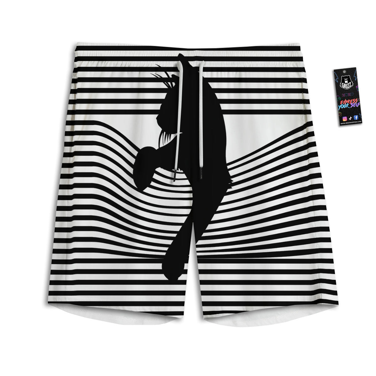 Striped Black Cat Print Men's Athletic Shorts