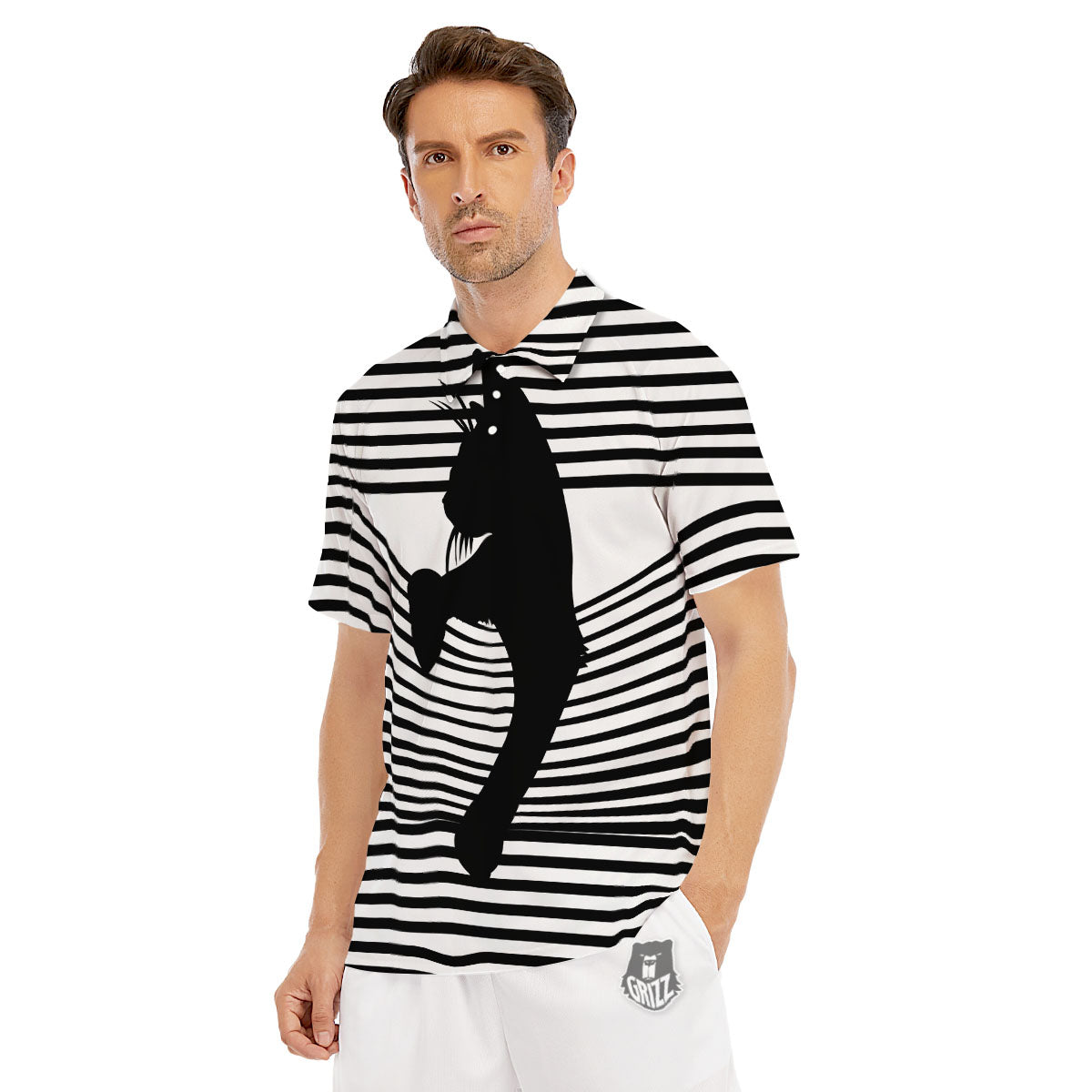Striped Black Cat Print Men's Golf Shirts-grizzshop