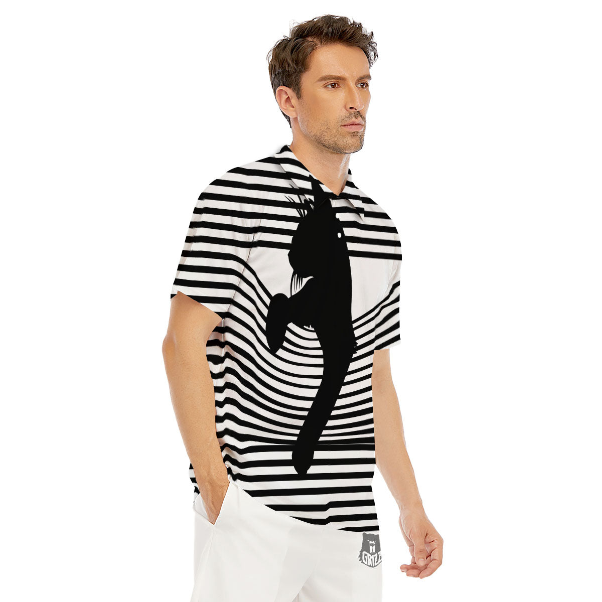 Striped Black Cat Print Men's Golf Shirts-grizzshop