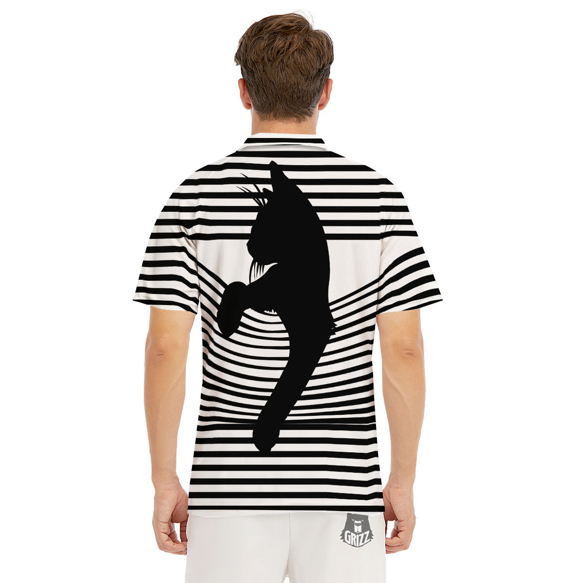 Striped Black Cat Print Men's Golf Shirts-grizzshop
