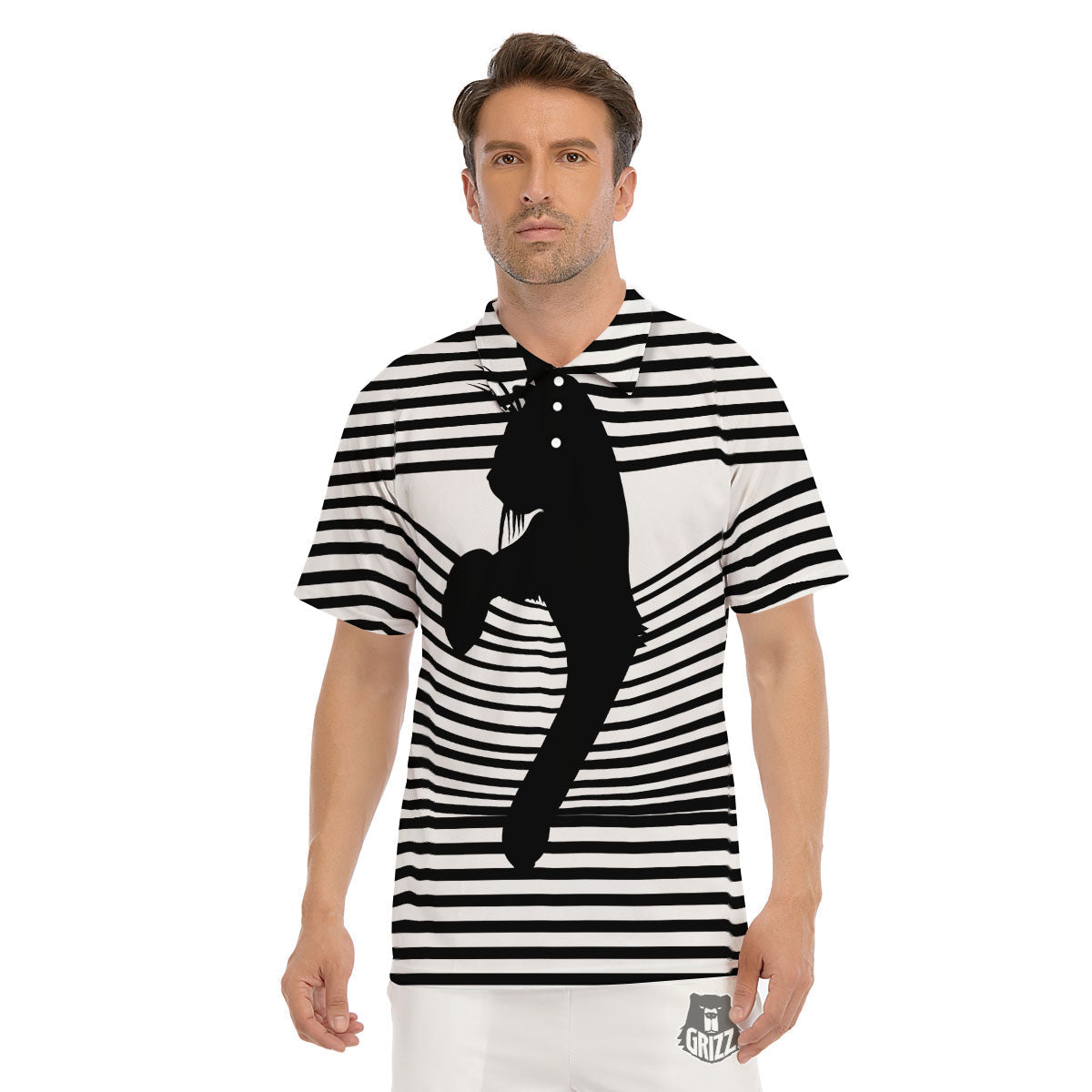 Striped Black Cat Print Men's Golf Shirts-grizzshop