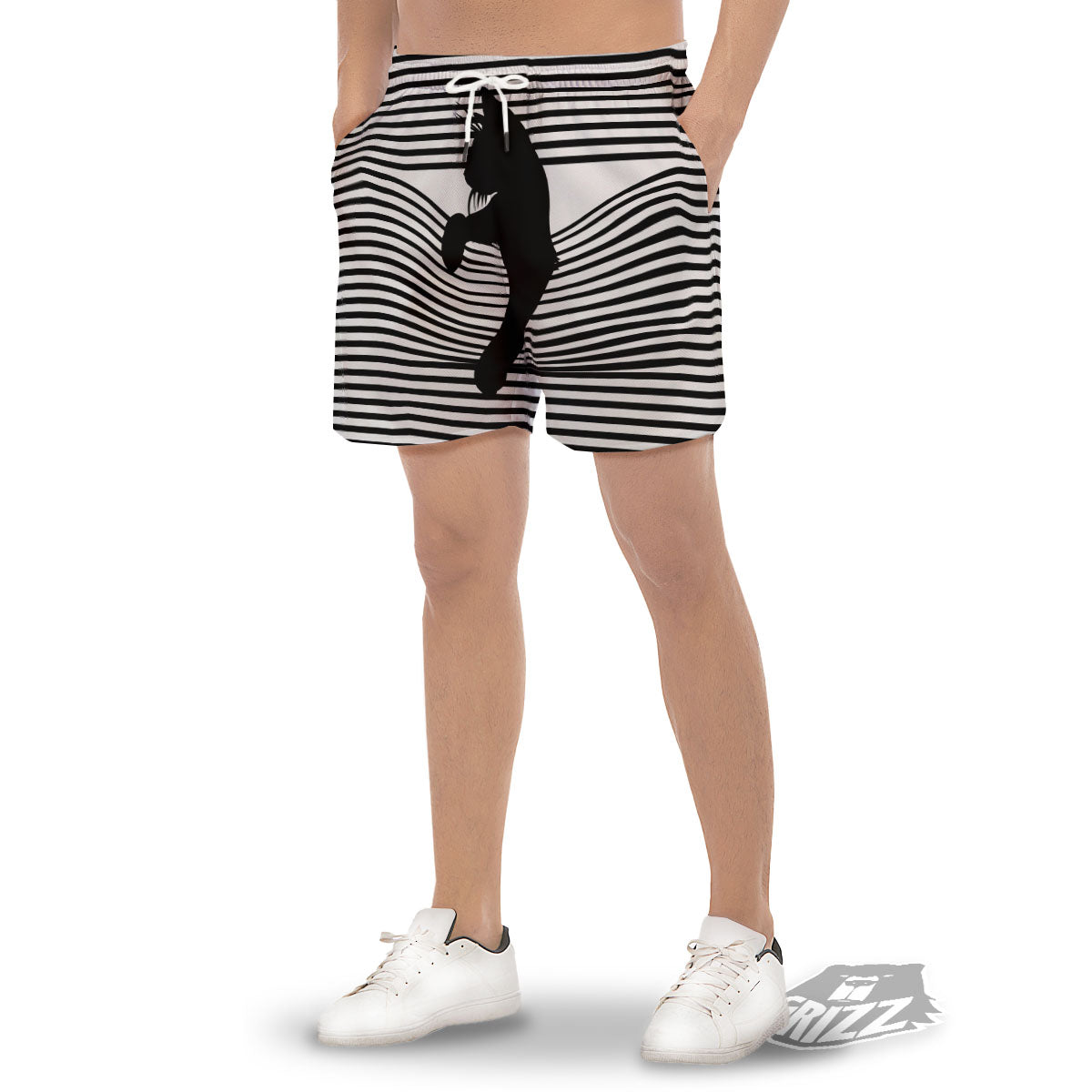 Striped Black Cat Print Men's Gym Shorts-grizzshop