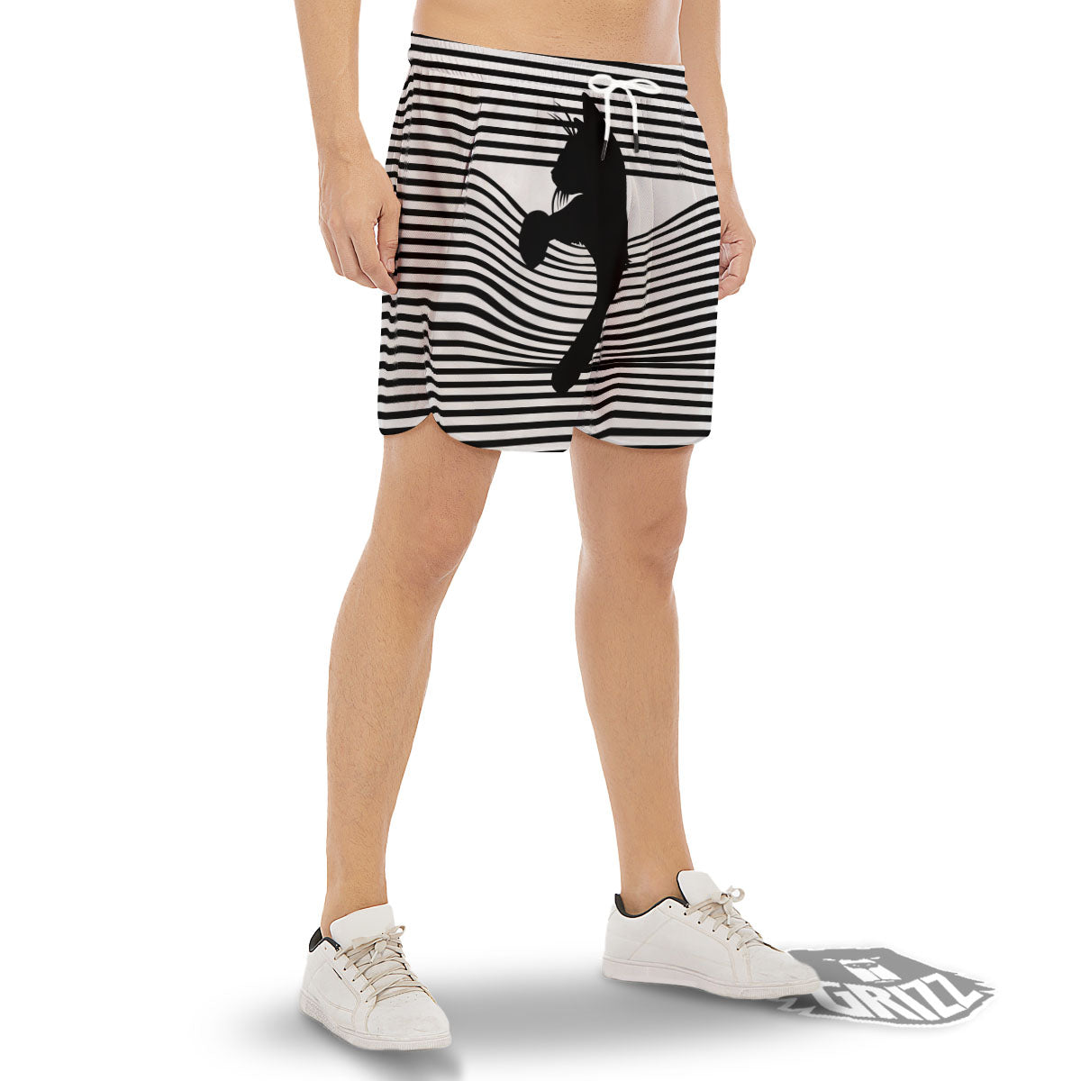 Striped Black Cat Print Men's Gym Shorts-grizzshop